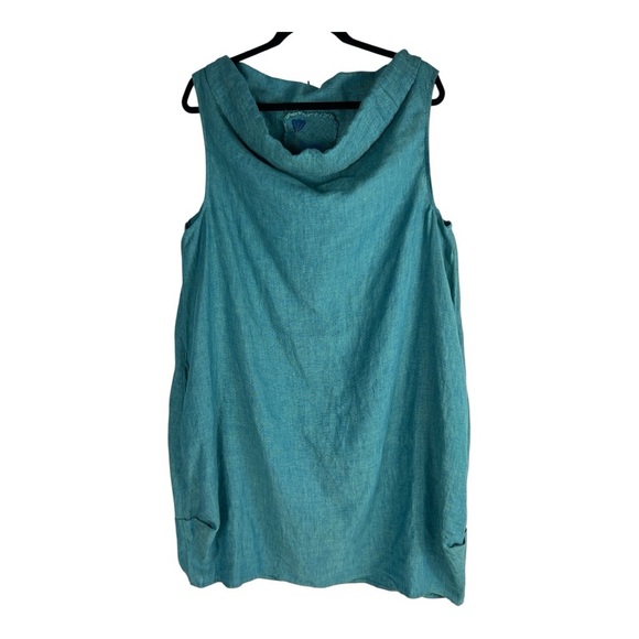 Yuvita Linens Sz XL Midi Cowl Neck Linen Sleeveless Dress Blue/Green Lagenlook - Picture 1 of 11